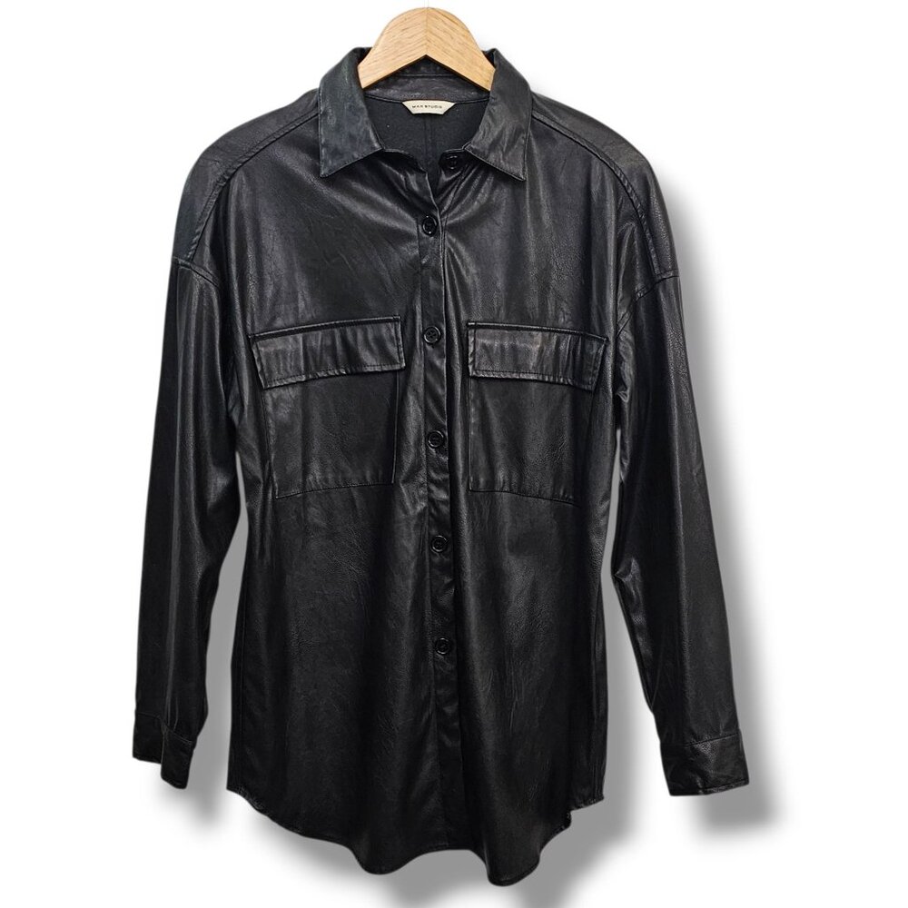 Max Studio Black Faux Leather Button-Up Shirt Front Pockets Mens S Goth Grunge‎